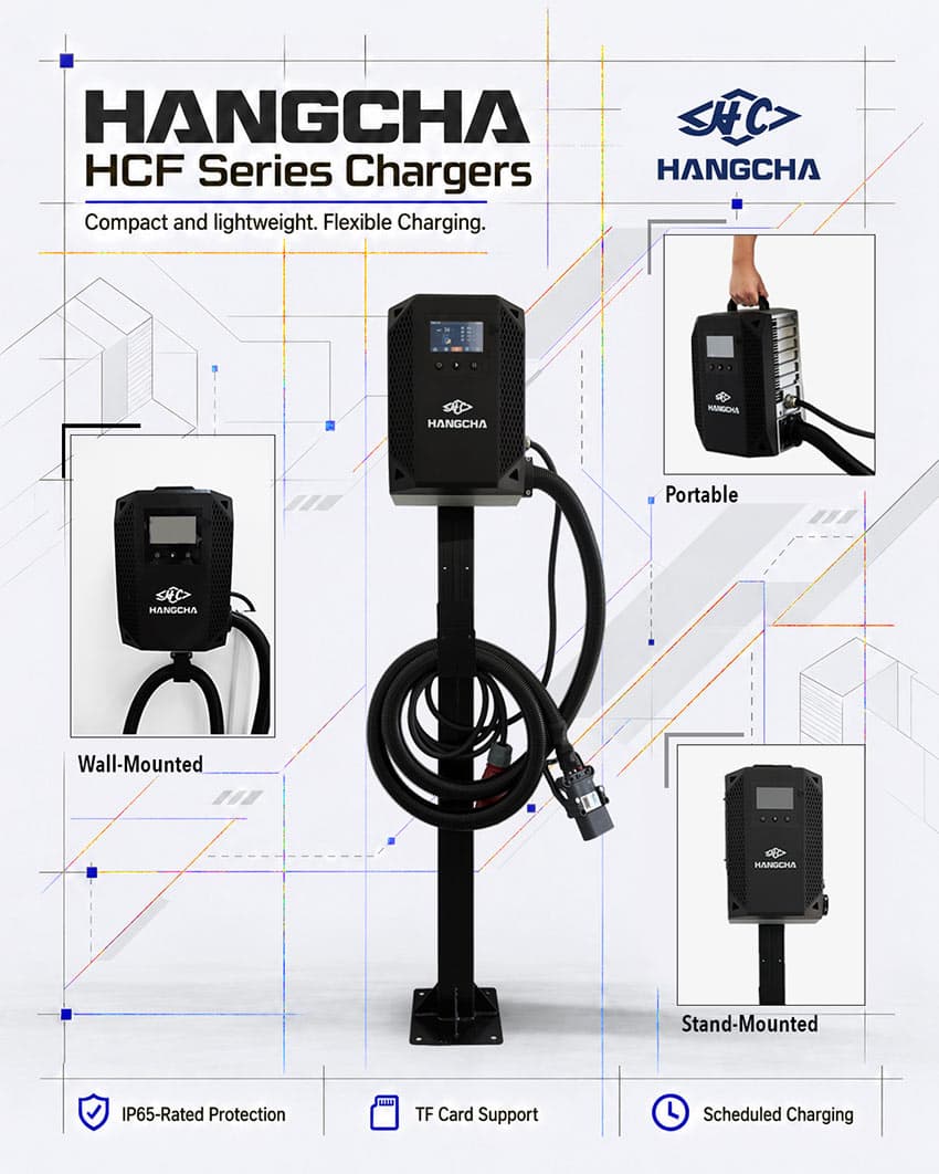 Hangcha HCF Series charger installed beside a forklift