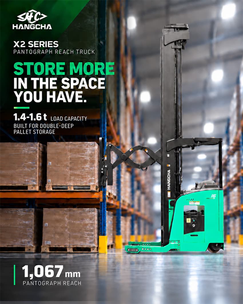 Hangcha X2 Series reach truck positioned for double-deep storage