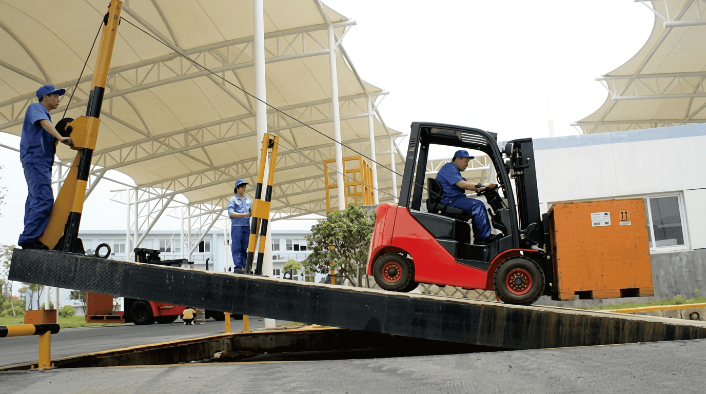 Tilting-table stability test of a Hangcha forklift